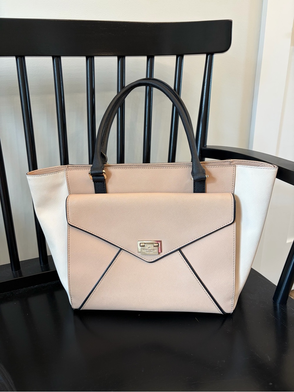 Kate Spade Johanna Leather Envelope Tote – Blush Beige/Cream/Black